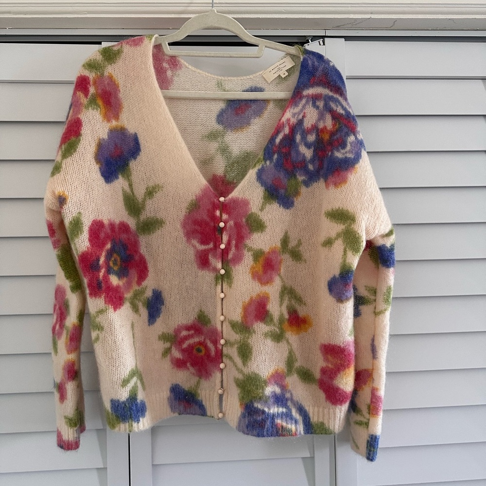 Sezane Cream Floral Button Cardigan with Pink, Blue & Green Accents